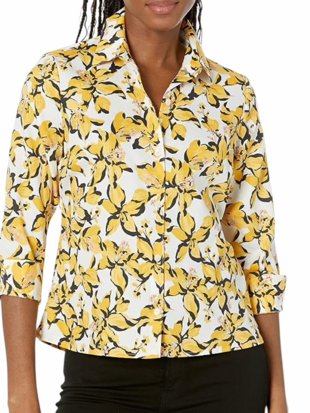 Foxcroft Meghan Floral Non Iron Cotton Button Up Shirt Yellow Size 12